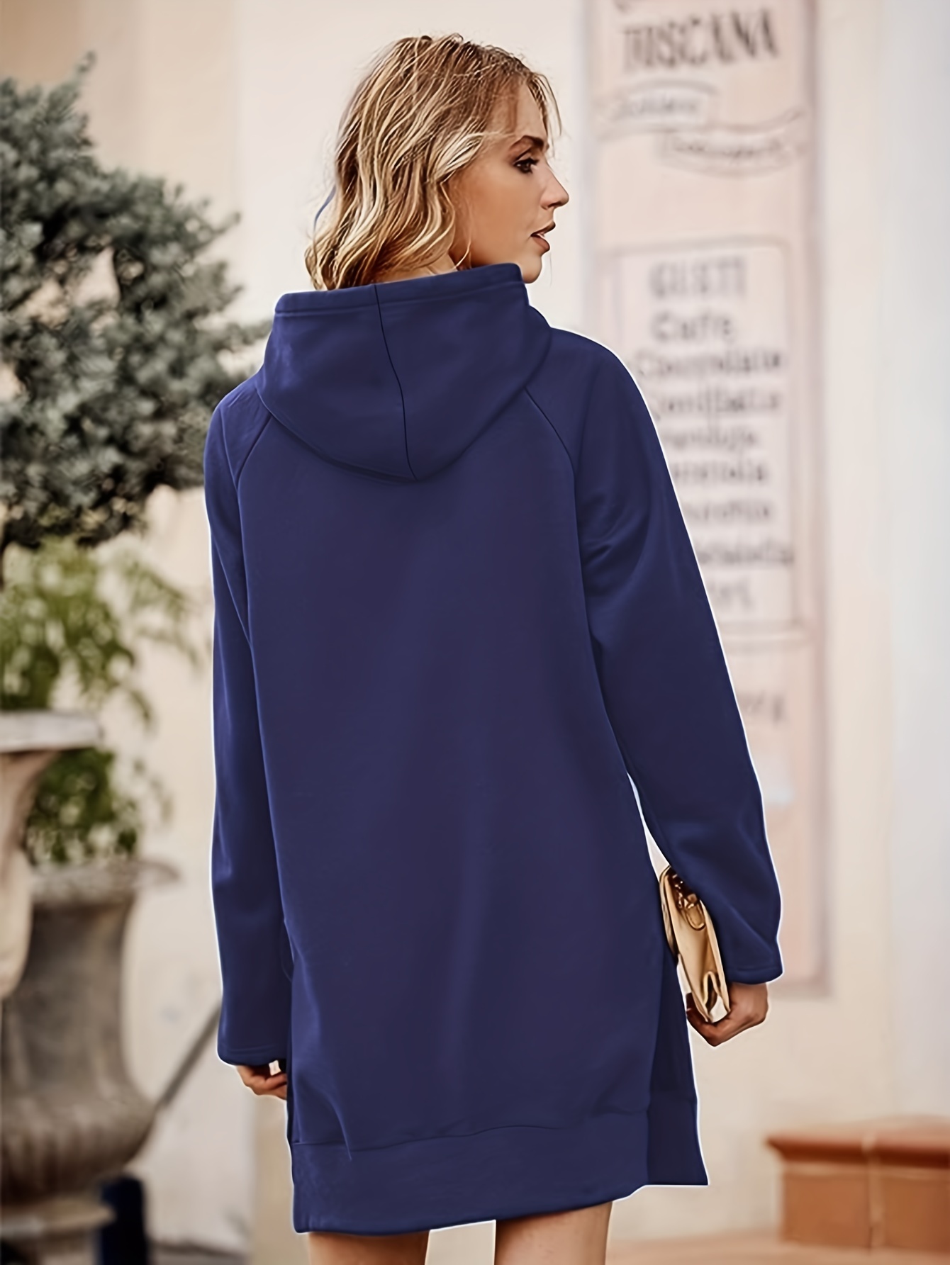 solid kangaroo pocket long length hoodie casual long sleeve drawstring hoodies sweatshirt womens clothing details 15