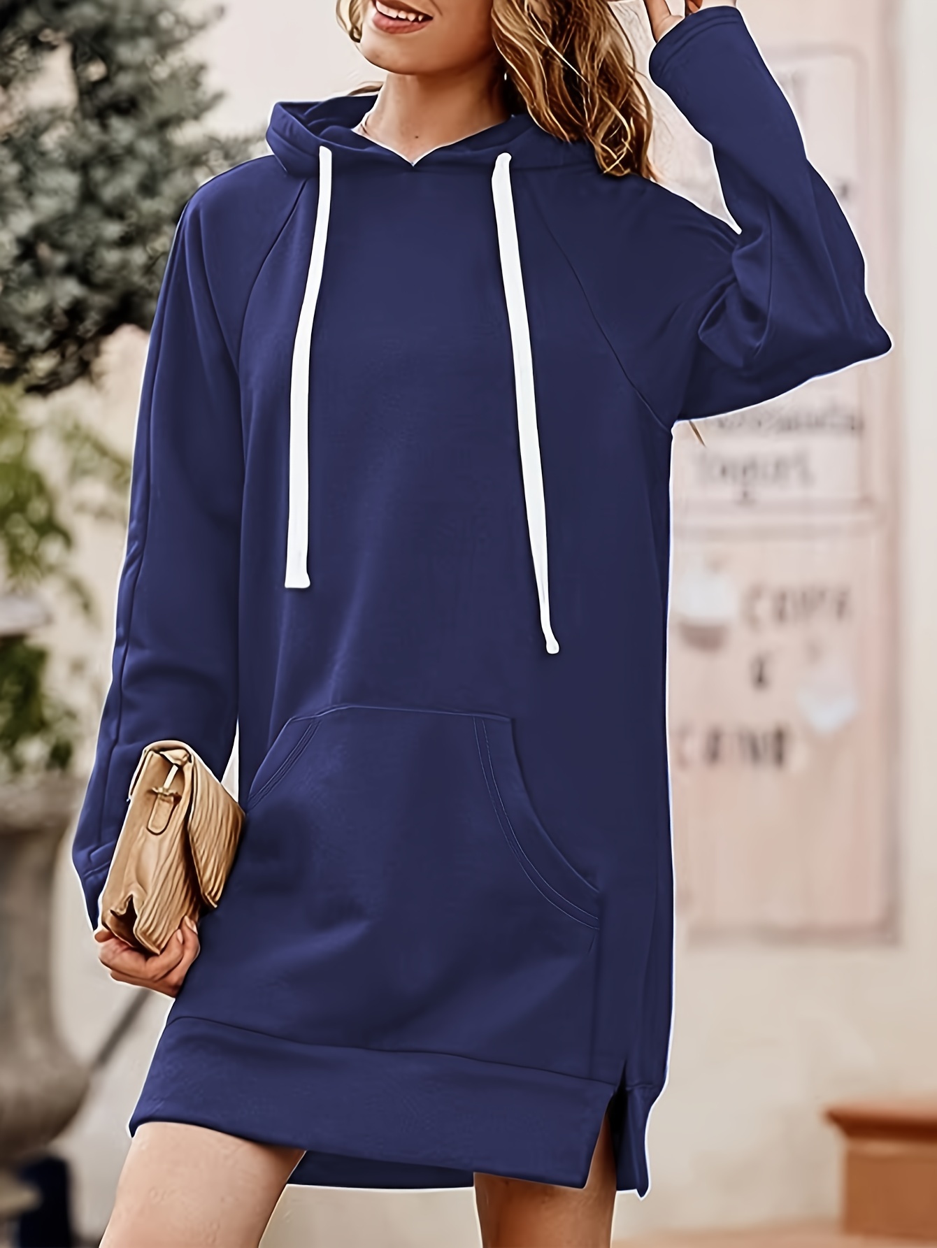 solid kangaroo pocket long length hoodie casual long sleeve drawstring hoodies sweatshirt womens clothing details 17