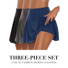 3Pcs 2 In 1 Casual Sports Skorts, Solid Color Mid-Stretch Sporty Shorts, Women's Activewear