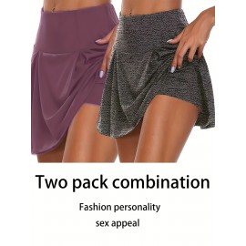 2pcs 2-in-1 Sports Short Skirts For Running Golf Tennis, Fashion Elastic Waist Active Skorts, Women's Activewear