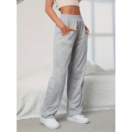 Elastic Waist Casual Sporty Pants, Loose Fit Slant Pockets Sports Trousers, Women's Activewear