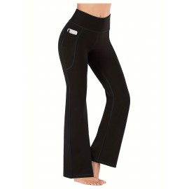 High Stretchy Soft Solid Sports Flare Pants, Butt Lifting Slim Running Yoga Flared Leggings With Pocket, Women's Activewear