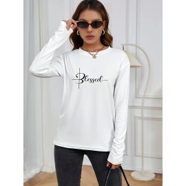 Blessed Print Crew Neck T-shirt, Casual Long Sleeve T-shirt, Women's Clothing