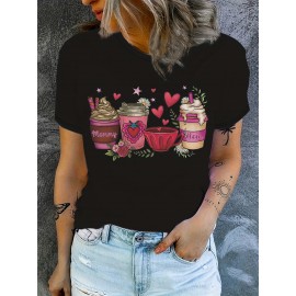 Coffee Print Crew Neck T-shirt, Casual Short Sleeve Top For Spring & Summer, Women's Clothing
