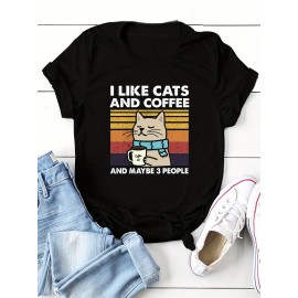 Cat & Coffee Print T-shirt, Casual Crew Neck Short Sleeve T-shirt, Women's Clothing
