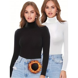 2 Packs Warm Turtleneck T-Shirts, Casual Long Sleeve Top For Spring & Fall, Women's Clothing