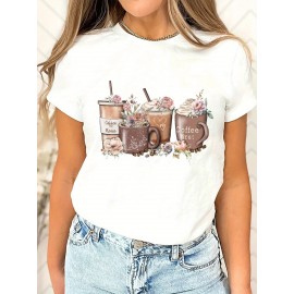 Coffee Print Crew Neck T-Shirt, Casual Short Sleeve T-Shirt For Spring & Summer, Women's Clothing