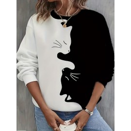 Cute Cat Print Crew Neck Sweatshirt, Casual Long Sleeve Loose Sweatshirt, Women's Clothing