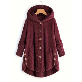 Button Front Teddy Bear Hoodie, Casual Long Sleeve Slant Pockets Plush Coat, Women's Clothing