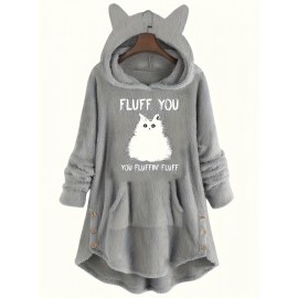 Cute Cat Print Thermal Hoodie, Casual Kangaroo Pocket Long Sleeve Hoodies Sweatshirt, Women's Clothing