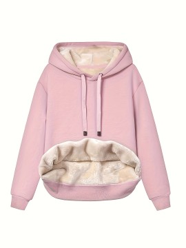 Solid Fleece Drawstring Hoodie, Casual Long Sleeve Warm Sweatshirt For Fall & Winter, Women's Clothing