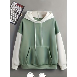 Color Block Simple Hoodies, Casual Drawstring Long Sleeve Kangaroo Pocket Sweatshirt, Women's Clothing