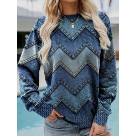 Denim Print Pullover Sweatshirt, Casual Long Sleeve Crew Neck Sweatshirt For Fall & Winter, Women's Clothing
