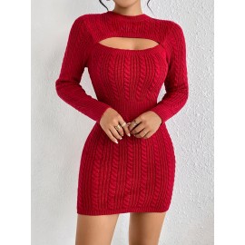 Cut Out Cable Knit Sweater Dress, Sexy Long Sleeve Bodycon Dress, Women's Clothing