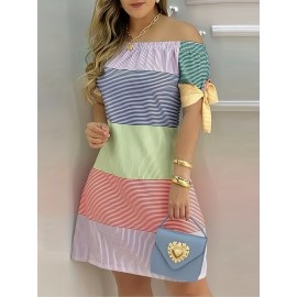 Color Block Striped Print Off-shoulder Dress, Casual Knot Sleeve Dress For Spring & Summer, Women's Clothing