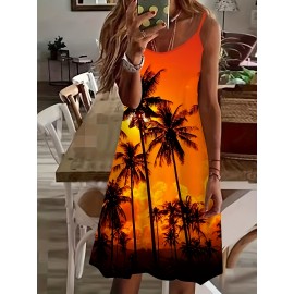 Coconut Tree Print Cami Dress, Vacation Sleeveless Comfy Dress, Women's Clothing