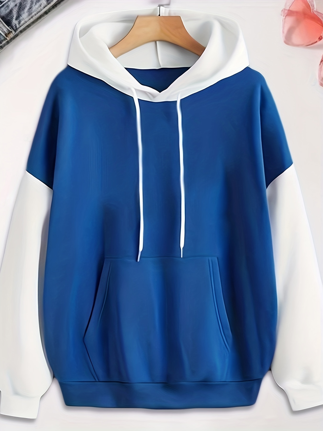 color block simple hoodies casual drawstring long sleeve kangaroo pocket sweatshirt womens clothing details 14